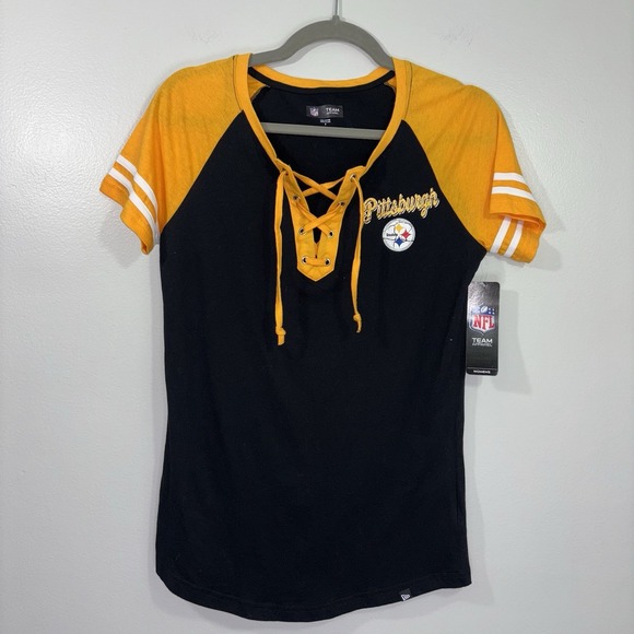 NFL Tops - Women's NFL Pittsburgh Steelers Black & Yellow Lace-Up T Shirt Size Small NWT